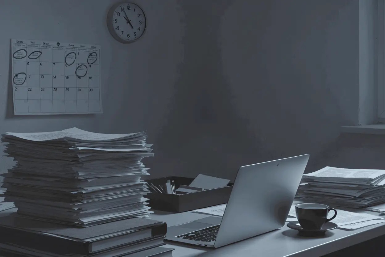 Secretária com pilhas de documentos, calendário com datas assinaladas e relógio